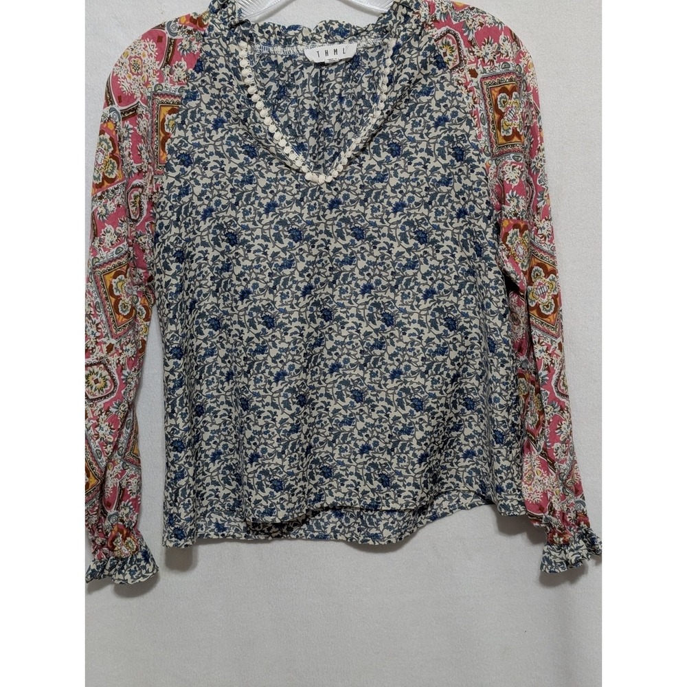 THML Women XS Floral Mixed Print Blouse Pom Pom Trim V-Neck Ruffle Cuff Top